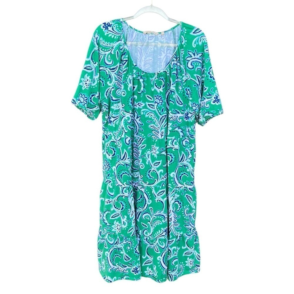 Soft Surroundings Ilana Tiered Midi Dress Green Leaf Ikat Plus 2X Slub Stretch